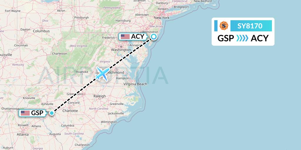 SY8170 Sun Country Airlines Flight Map: Greenville-Spartanburg to Atlantic City