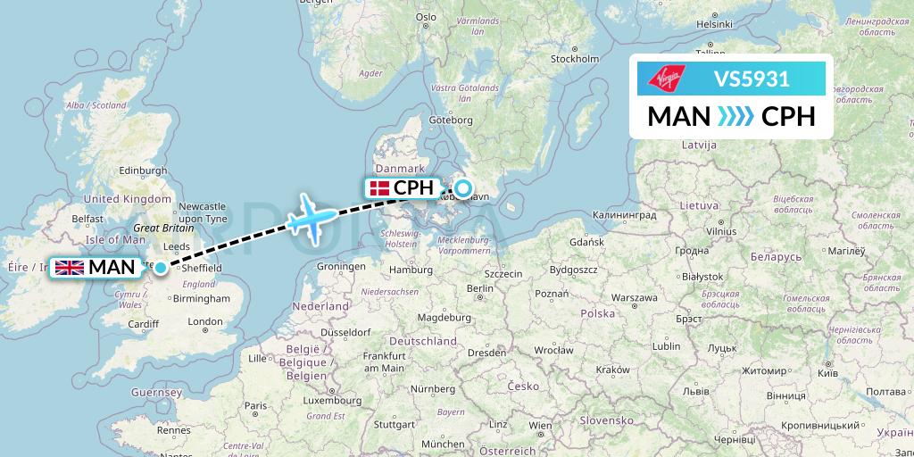 VS5931 Virgin Atlantic Airways Flight Map: Manchester to Copenhagen