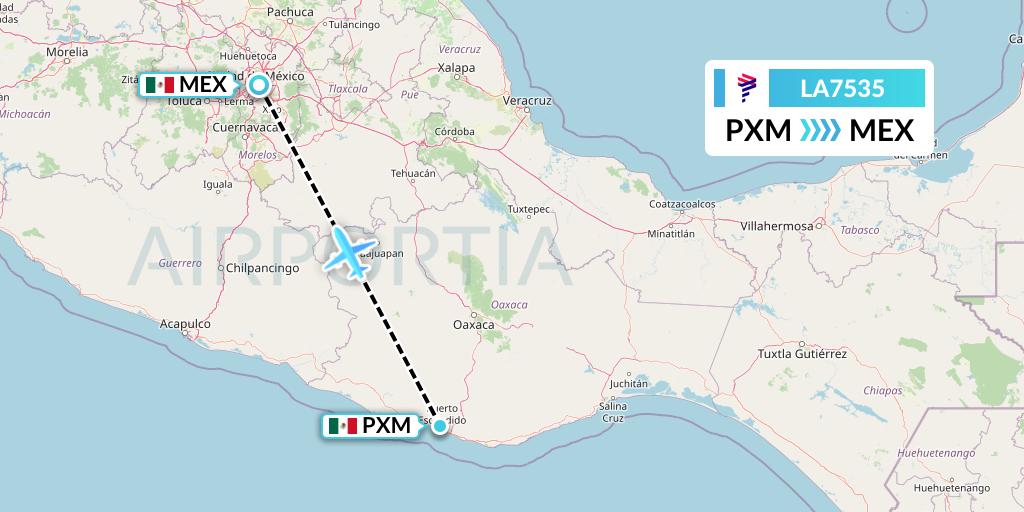 LA7535 LAN Airlines Flight Map: Puerto Escondido to Mexico City