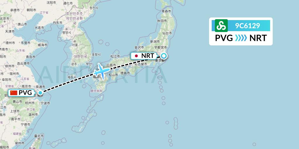 9C6129 Spring Airlines Flight Map: Shanghai to Tokyo