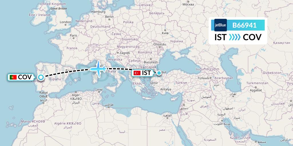 B66941 JetBlue Airways Flight Map: Istanbul to Portugal