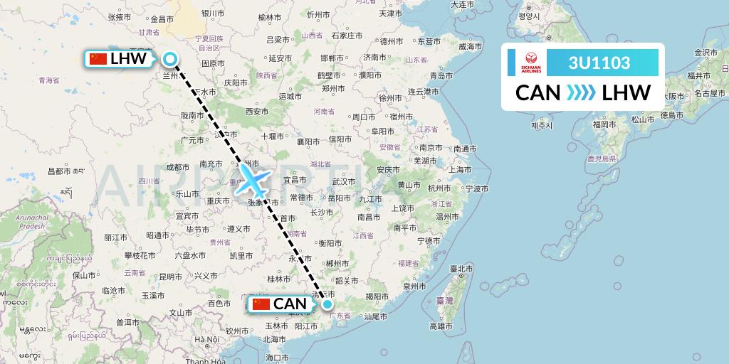 3U1103 Sichuan Airlines Flight Map: Guangzhou to Lanzhou