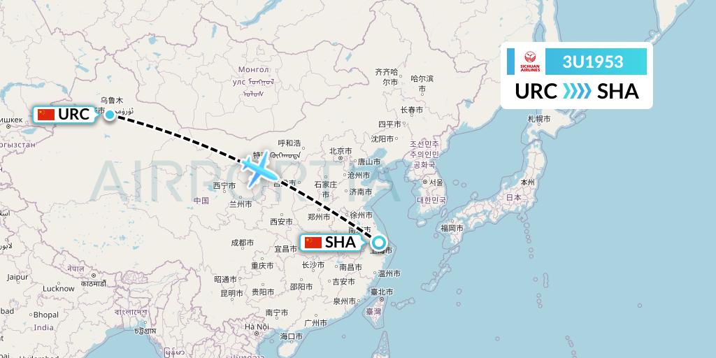 3U1953 Sichuan Airlines Flight Map: Urumqi to Shanghai