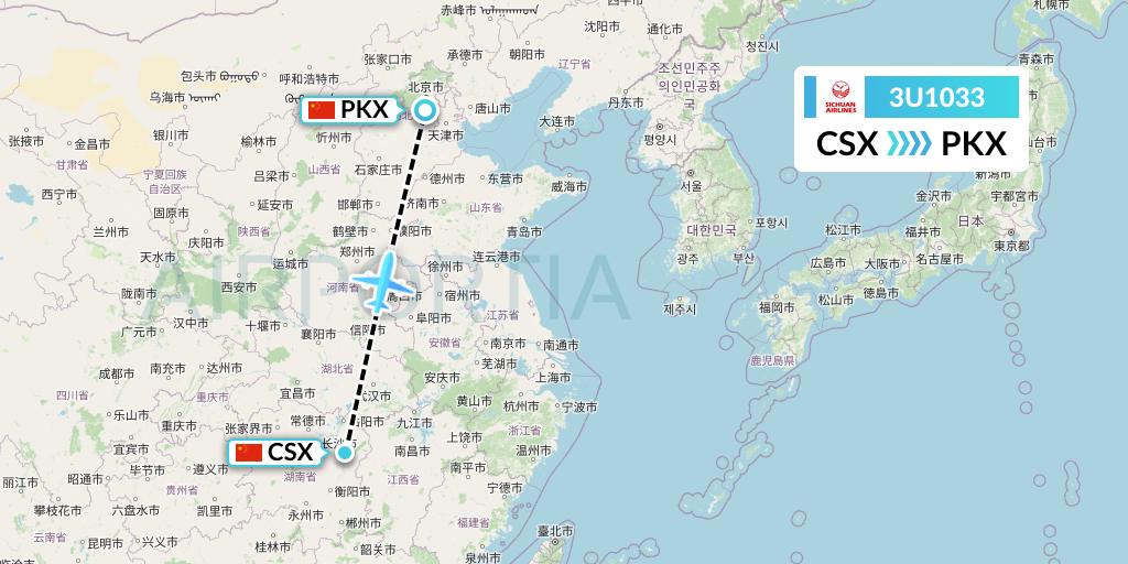 3U1033 Sichuan Airlines Flight Map: Changsha to Beijing