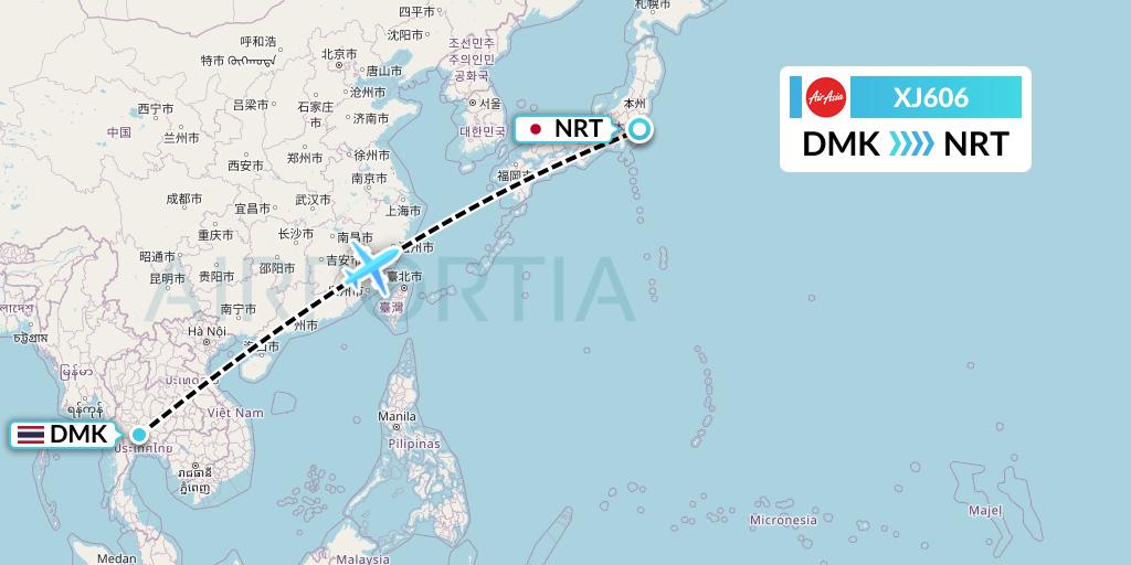 XJ606 Thai AirAsia X Flight Map: Bangkok to Tokyo