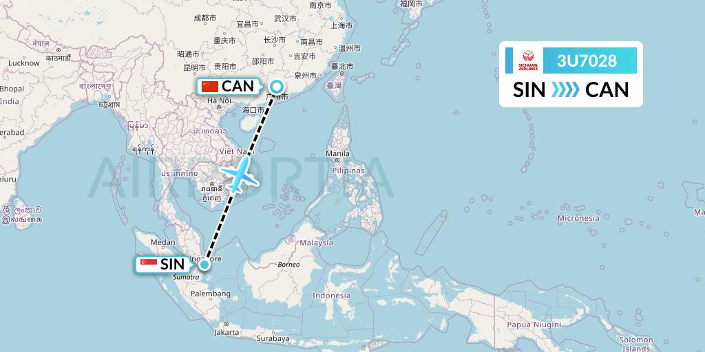 3U7028 Sichuan Airlines Flight Map: Singapore to Guangzhou