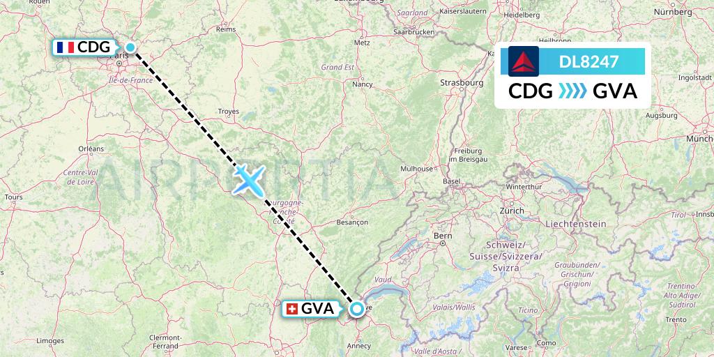 DL8247 Delta Air Lines Flight Map: Paris to Geneva