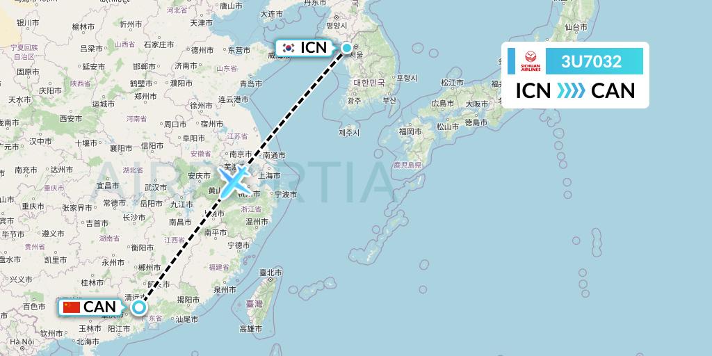3U7032 Sichuan Airlines Flight Map: Seoul to Guangzhou