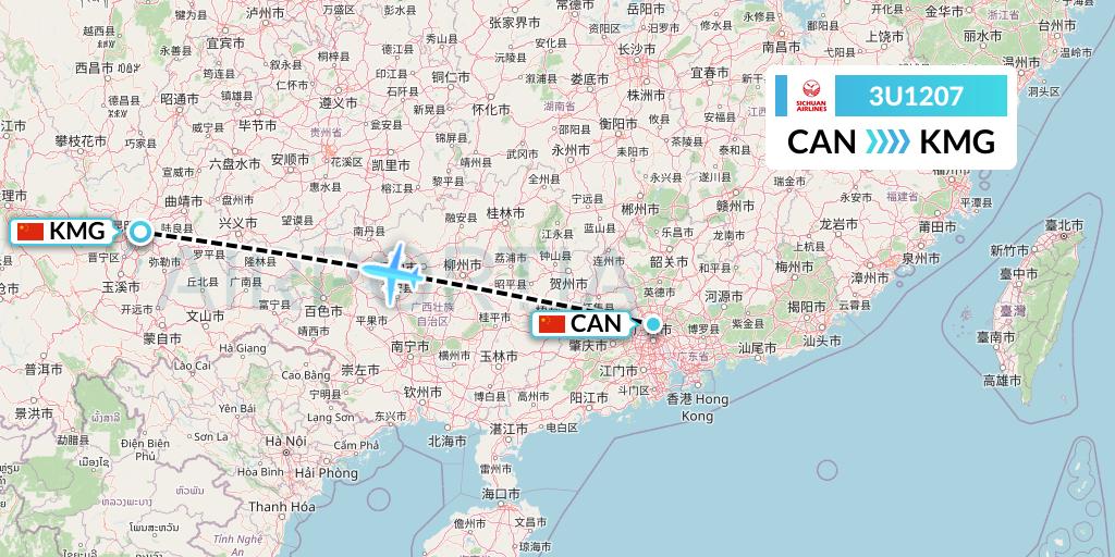 3U1207 Sichuan Airlines Flight Map: Guangzhou to Kunming