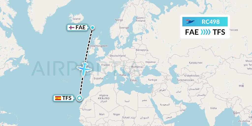 RC498 Atlantic Airways Flight Map: Vagar to Tenerife