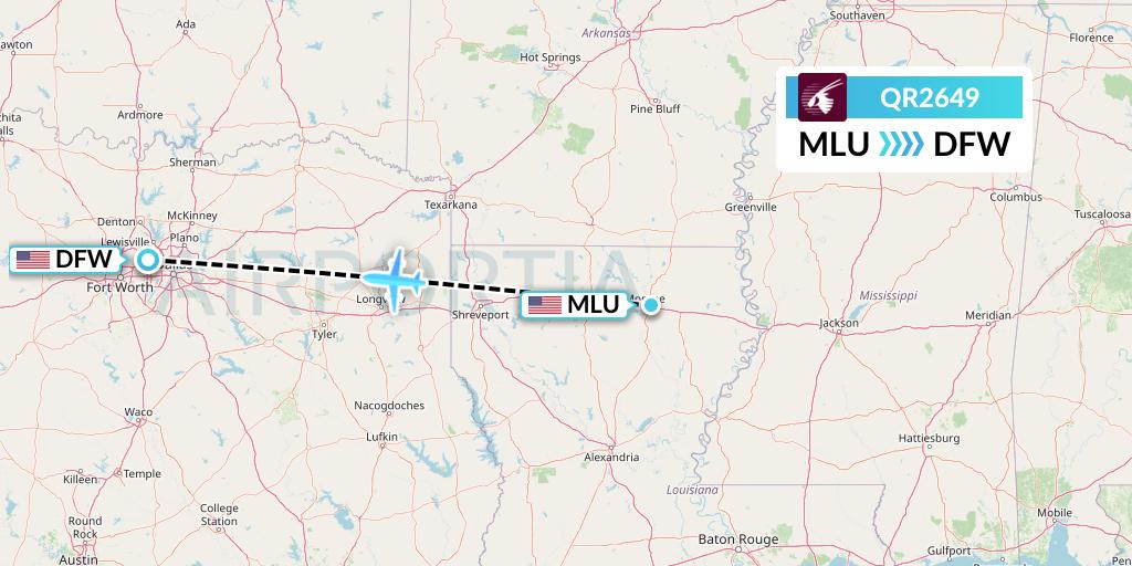 QR2649 Qatar Airways Flight Map: Monroe to Dallas