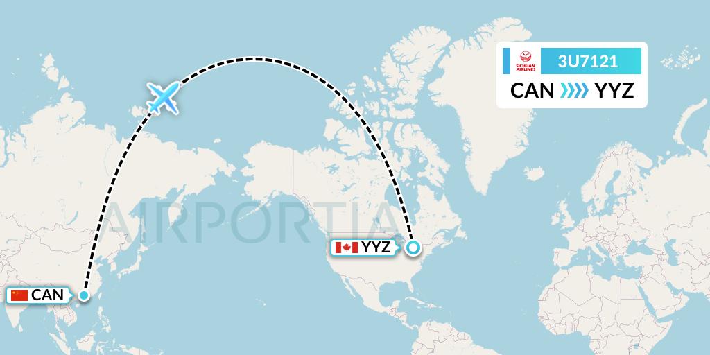 3U7121 Sichuan Airlines Flight Map: Guangzhou to Toronto