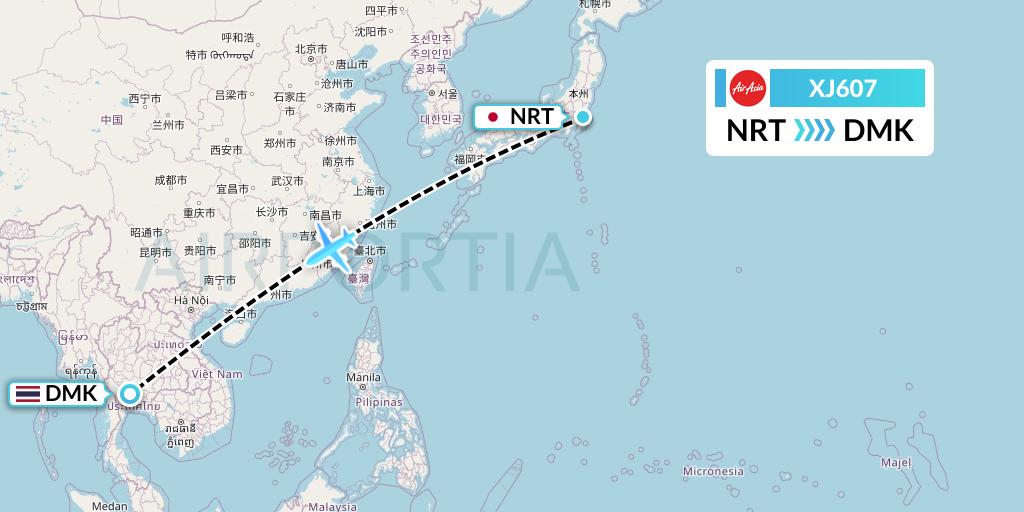 XJ607 Thai AirAsia X Flight Map: Tokyo to Bangkok