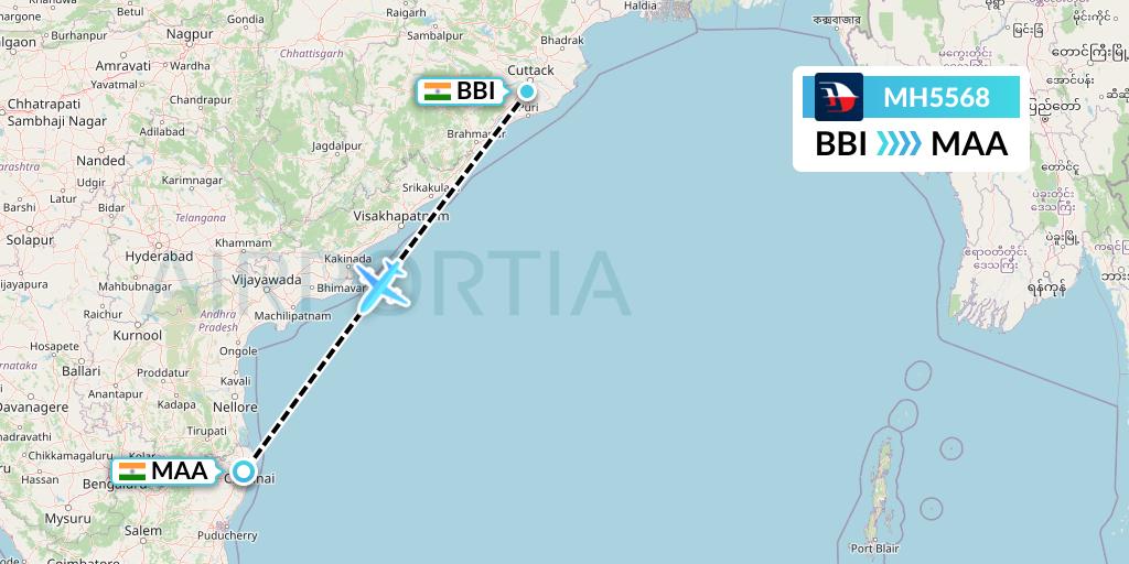 MH5568 Malaysia Airlines Flight Map: Bhubaneswar to Chennai