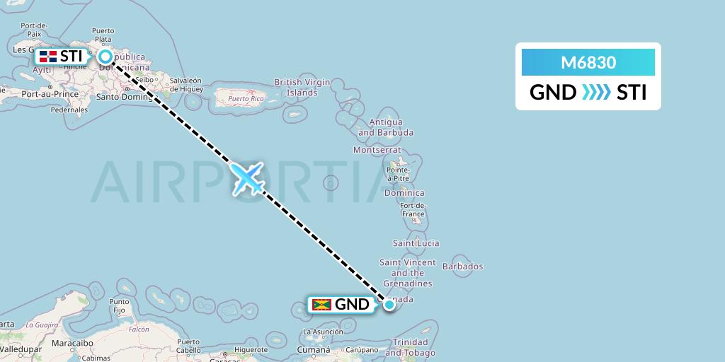 M6830 Amerijet International Flight Map: Point Salines to Santiago de los Caballeros