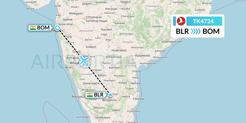 TK4724 Turkish Airlines Flight Map: Bangalore to Mumbai