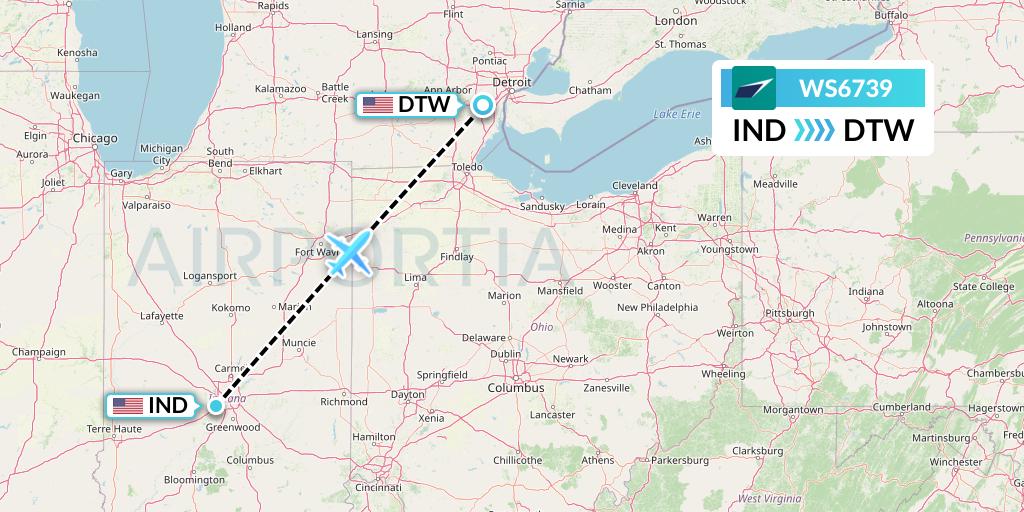 WS6739 WestJet Flight Map: Indianapolis to Detroit
