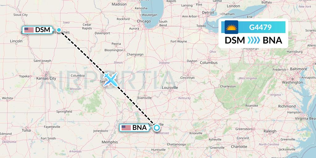 G4479 Allegiant Air Flight Map: Des Moines to Nashville