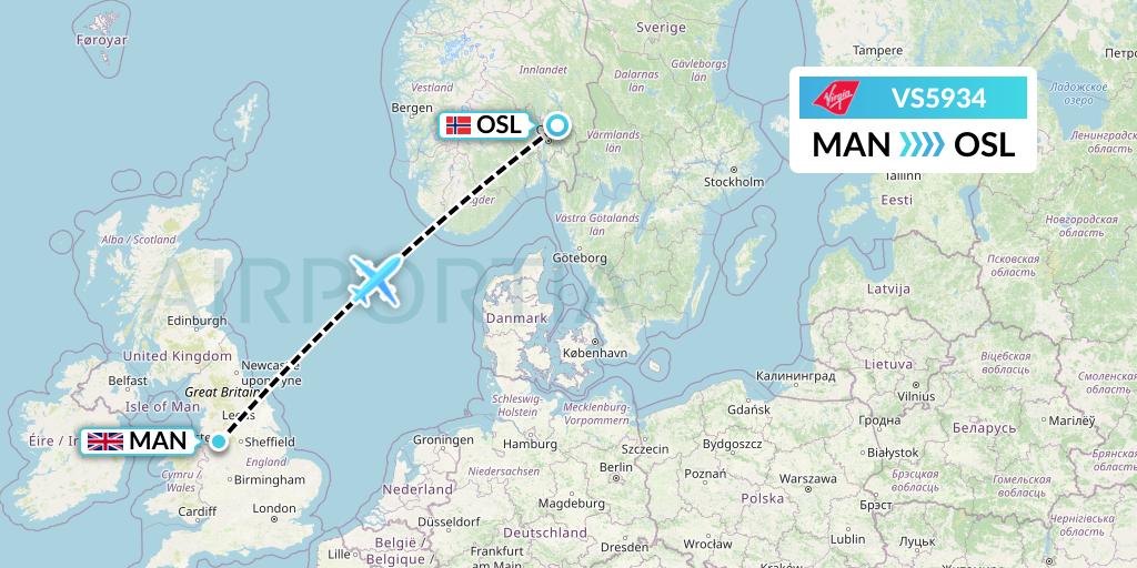 VS5934 Virgin Atlantic Airways Flight Map: Manchester to Oslo