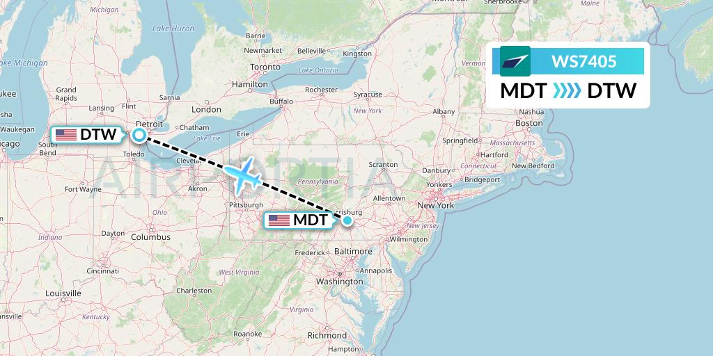 WS7405 WestJet Flight Map: Harrisburg to Detroit