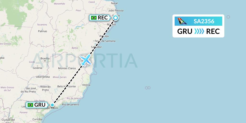 SA2356 South African Airways Flight Map: Sao Paulo to Recife