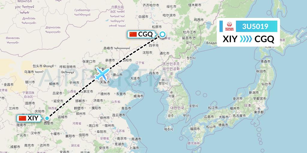 3U5019 Sichuan Airlines Flight Map: Xi'an to Changchun