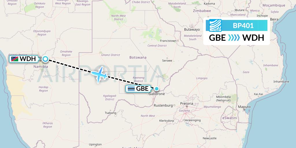 BP401 Air Botswana Flight Map: Gaborone to Windhoek