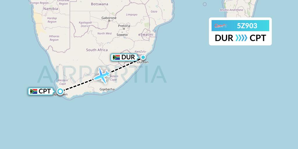 5Z903 CemAir Flight Map: Durban to Cape Town