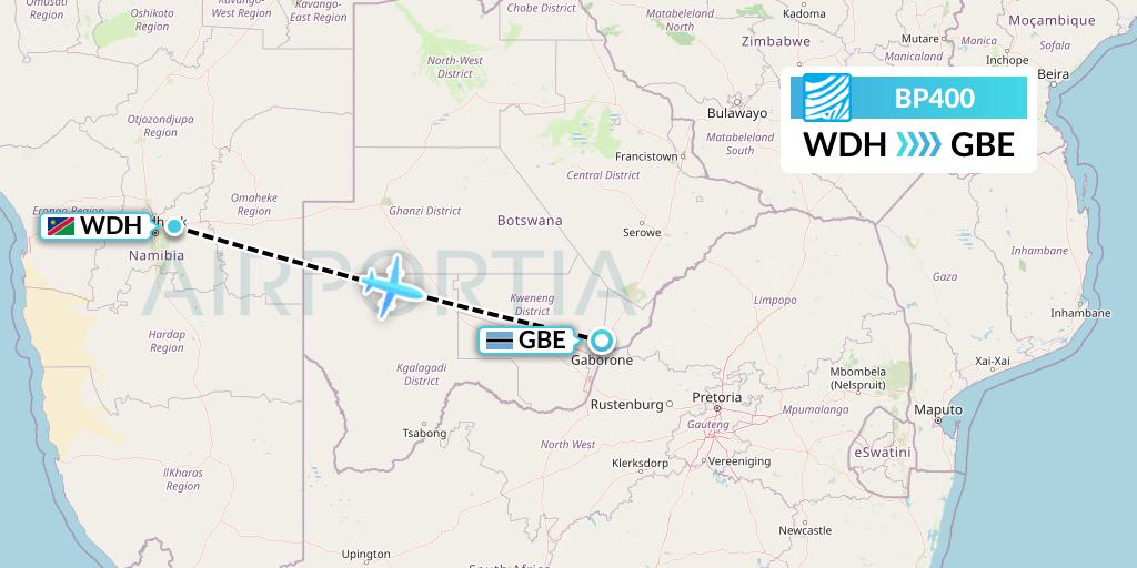 BP400 Air Botswana Flight Map: Windhoek to Gaborone