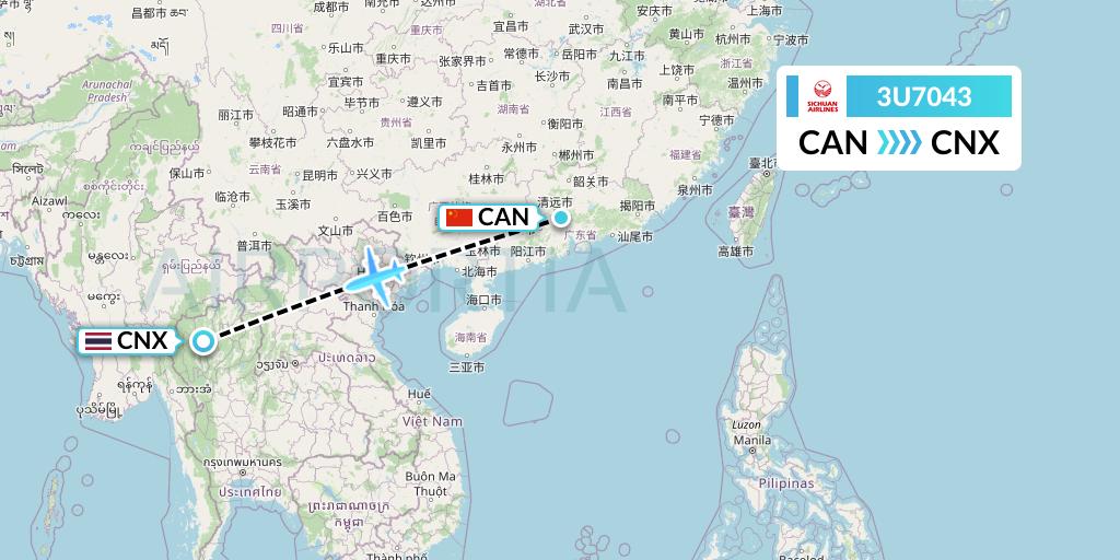 3U7043 Sichuan Airlines Flight Map: Guangzhou to Chiang Mai