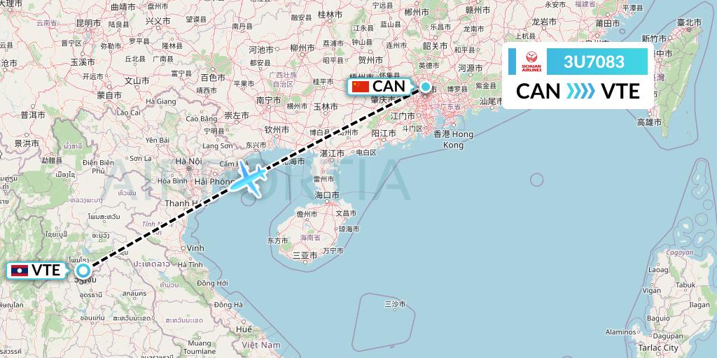 3U7083 Sichuan Airlines Flight Map: Guangzhou to Vientiane