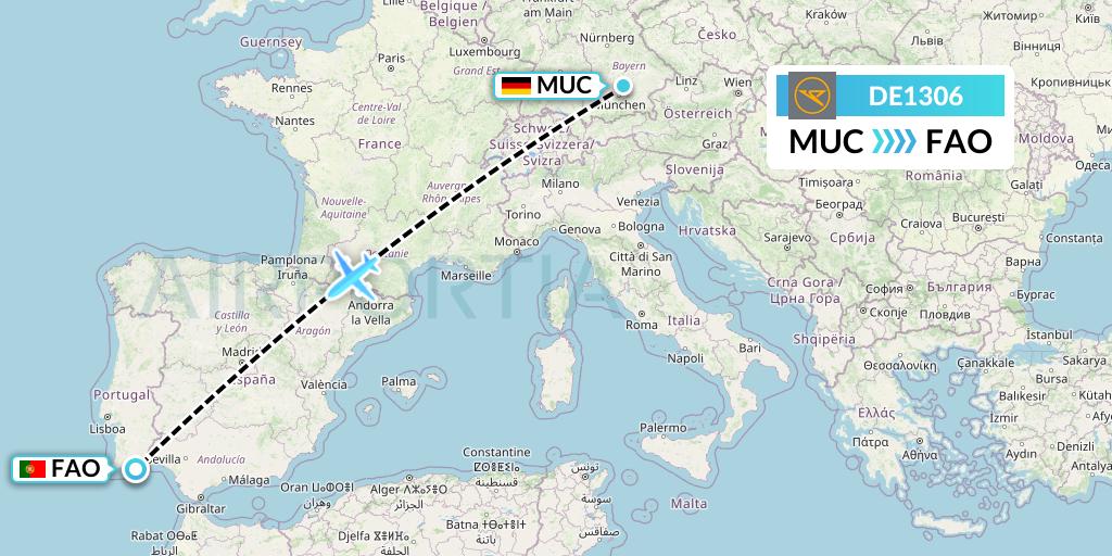 DE1306 Condor Flight Map: Munich to Faro