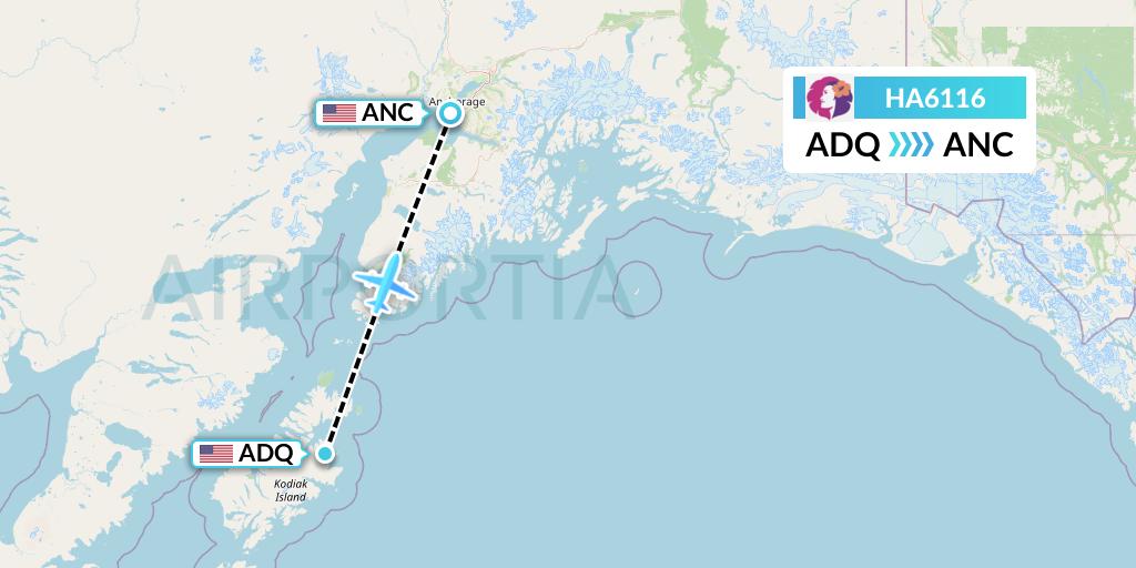 HA6116 Hawaiian Airlines Flight Map: Kodiak to Anchorage