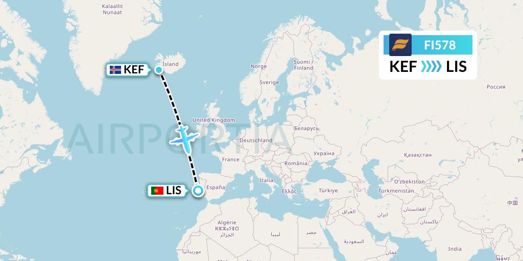FI578 Icelandair Flight Map: Reykjavik to Lisbon