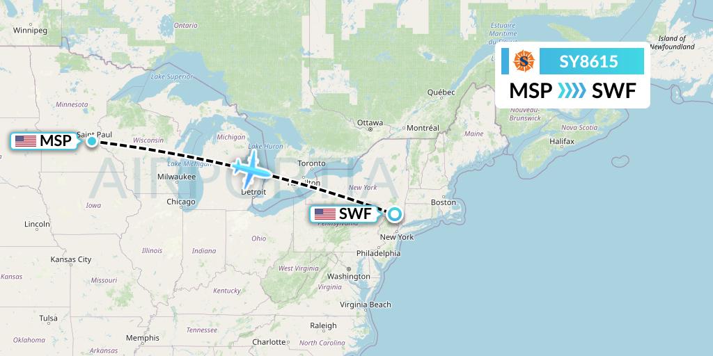 SY8615 Sun Country Airlines Flight Map: Minneapolis to Newburgh