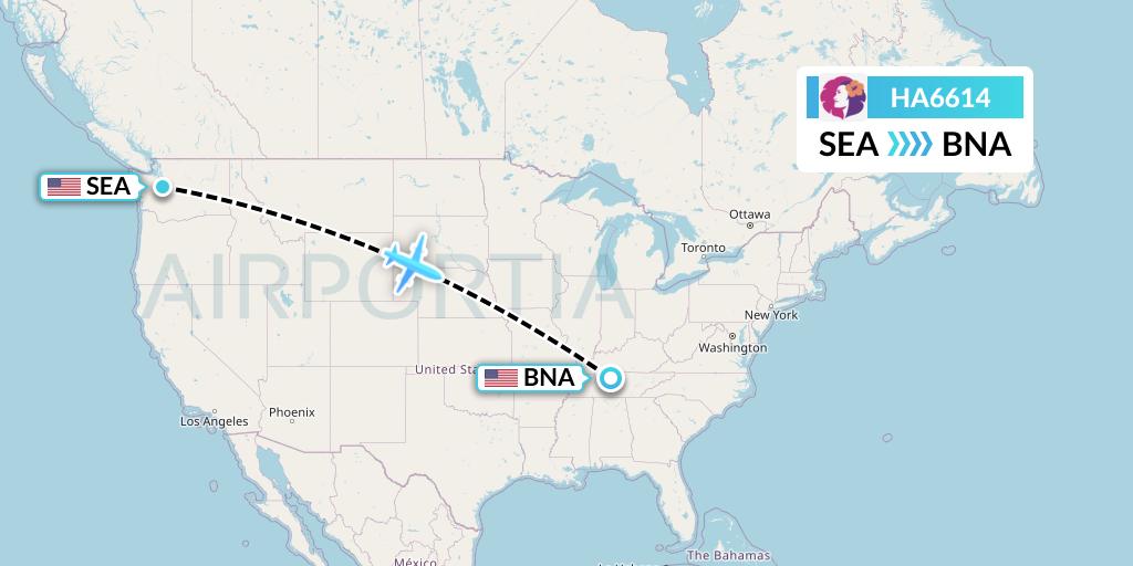 HA6614 Hawaiian Airlines Flight Map: Seattle to Nashville
