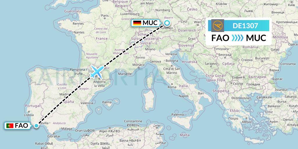 DE1307 Condor Flight Map: Faro to Munich
