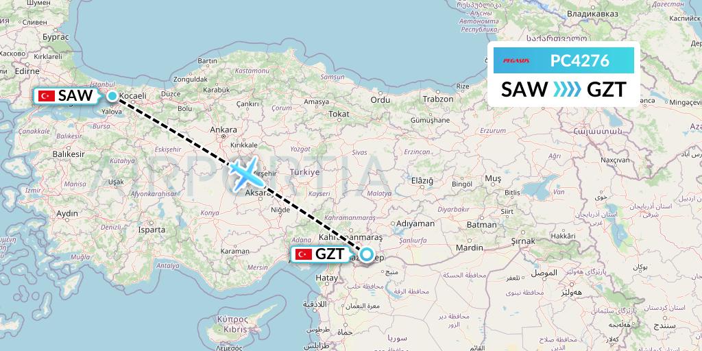 PC4276 Pegasus Airlines Flight Map: Istanbul to Gaziantep