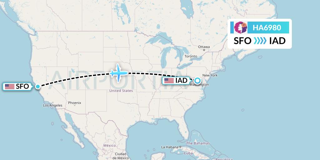 HA6980 Hawaiian Airlines Flight Map: San Francisco to Washington