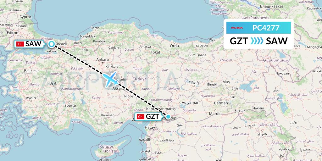 PC4277 Pegasus Airlines Flight Map: Gaziantep to Istanbul