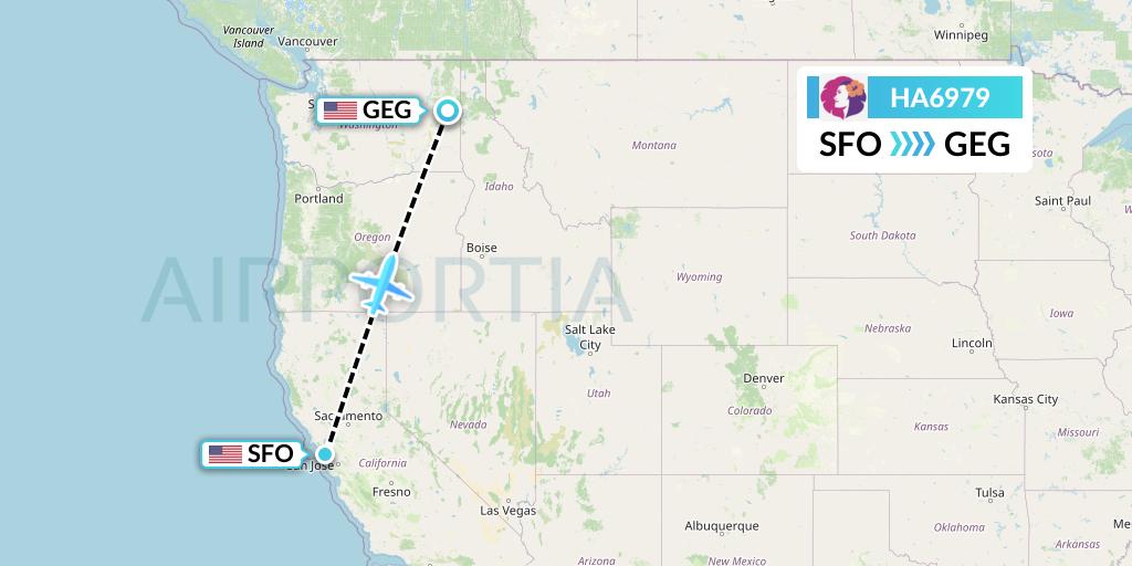 HA6979 Hawaiian Airlines Flight Map: San Francisco to Spokane