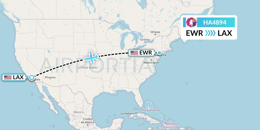 HA4894 Hawaiian Airlines Flight Map: New York to Los Angeles