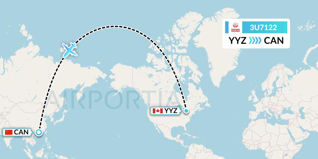 3U7122 Sichuan Airlines Flight Map: Toronto to Guangzhou