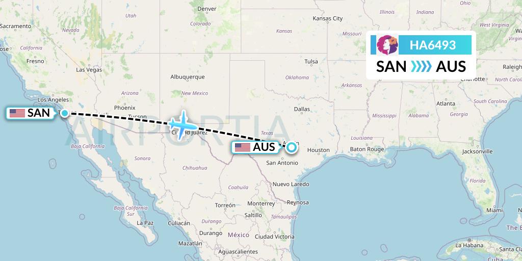 HA6493 Hawaiian Airlines Flight Map: San Diego to Austin