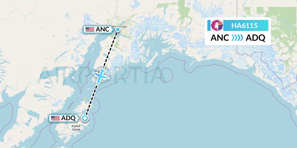 HA6115 Hawaiian Airlines Flight Map: Anchorage to Kodiak