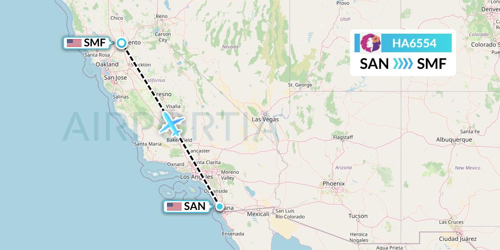 HA6554 Hawaiian Airlines Flight Map: San Diego to Sacramento
