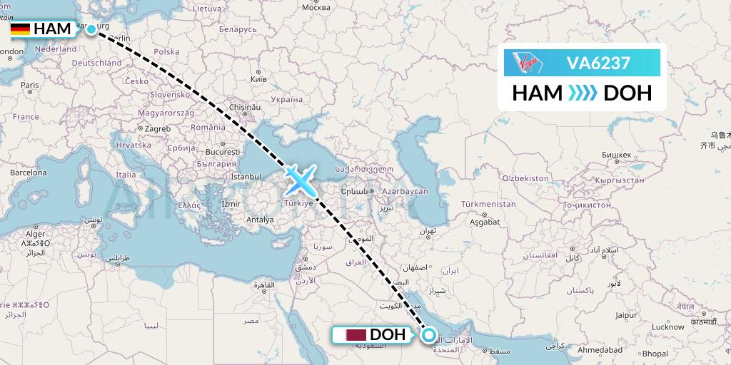 VA6237 Virgin Australia Flight Map: Hamburg to Doha