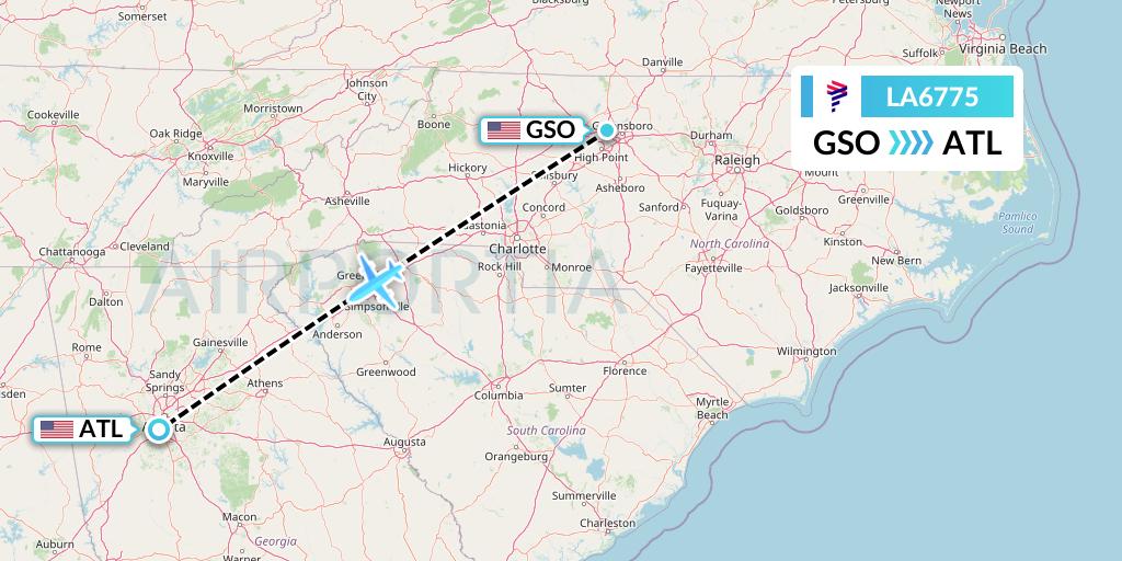 LA6775 LAN Airlines Flight Map: Greensboro to Atlanta