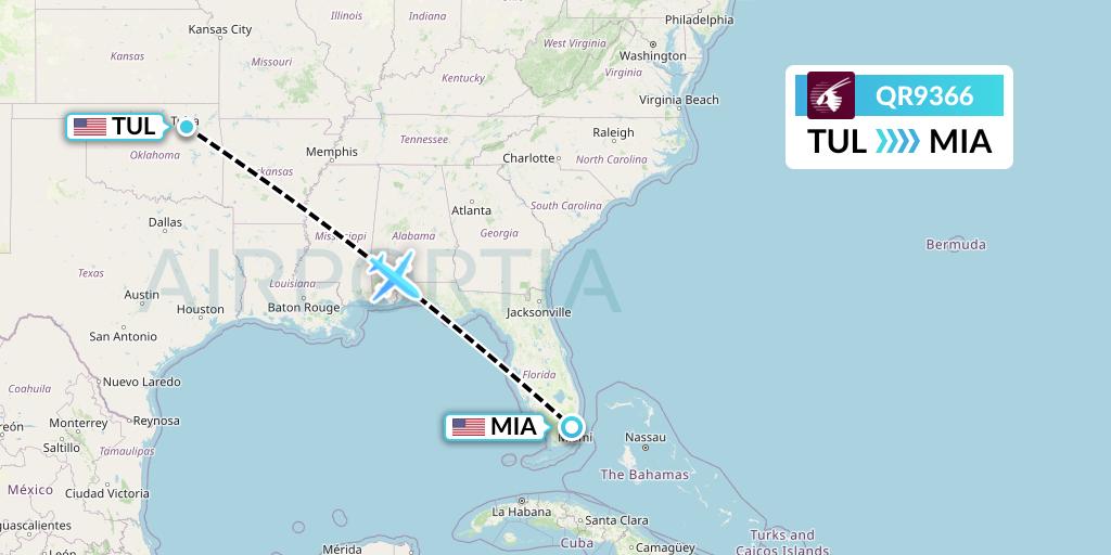 QR9366 Qatar Airways Flight Map: Tulsa to Miami