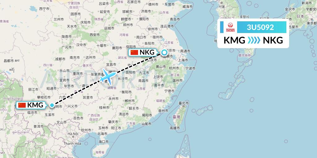 3U5092 Sichuan Airlines Flight Map: Kunming to Nanjing